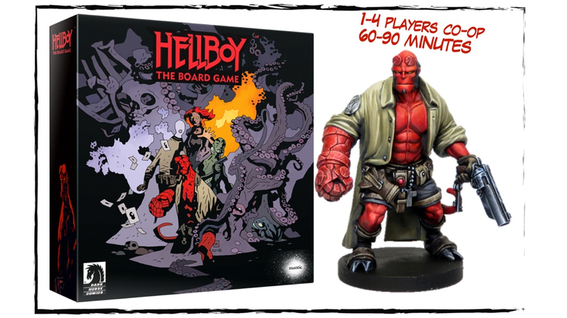 Box art for Hellboy: The Board Game and a painted version of one of the figurines included with the game.